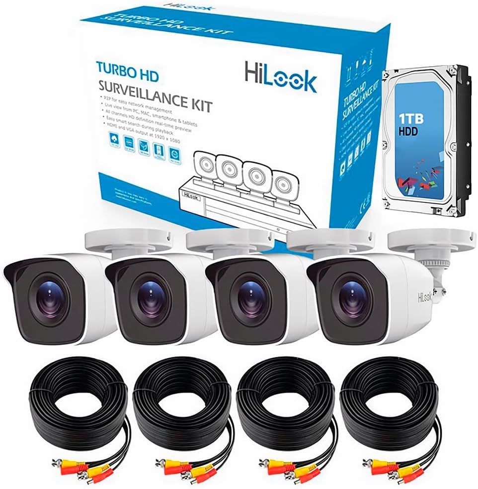 El Mejor Listado de Kit de Camaras los mejores 10. 46 HINAG Kit CCTV HiLook de 4 Cámaras de Seguridad Interior y Exterior Cámaras de Seguridad con Vision Nocturna FullHD 1080p Disco Duro de 1TB