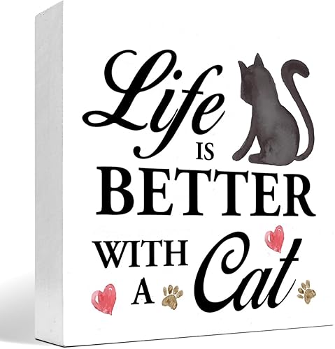 Life is Better with a Cat Wood Block Sign Decoración de escritorio, divertida caja de madera de gato gatito, decoración de escritorio para amantes