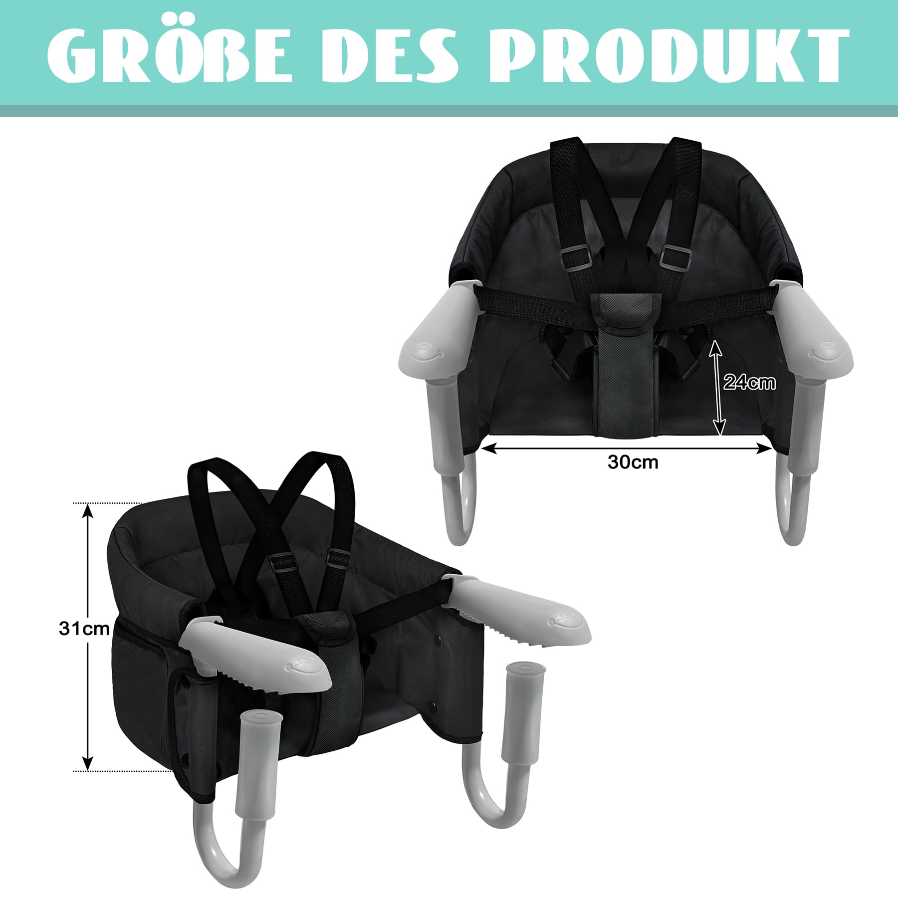 SUBTLETY Tischsitz Faltbar Babystuhl Babysitz mit Transporttasche Rutschfest Klemmen und Sitztasche Tragbarer Baby Hochstuhl für 2-8 cm Dicke Tisch Boostersitz Kinderstuhl Belastbarkeit 15 kg, Schwarz