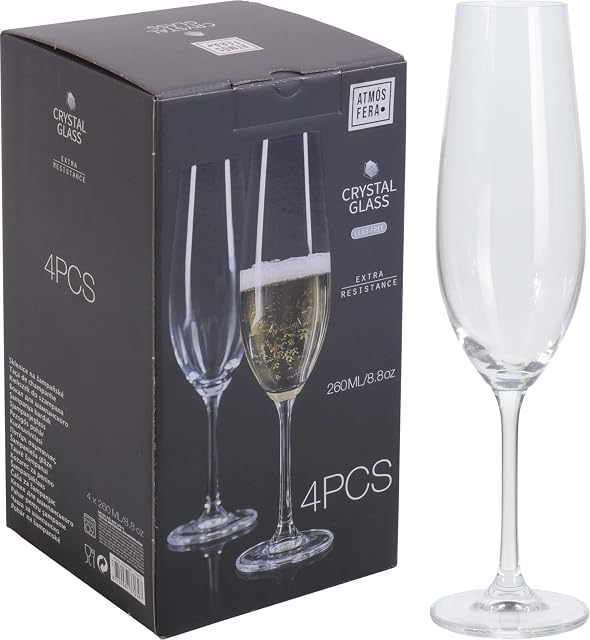 Galvog® Set of 4 Champagne Flutes Crystal Clear Champagne Glasses 260ml - Lead Free Classic Elegant Glass Set for Wedding Anniversary Parties Gift Set