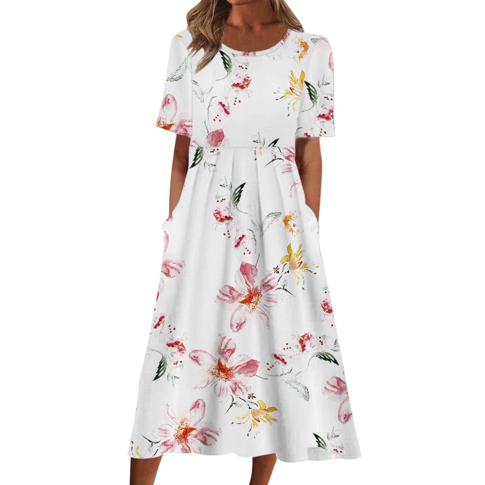 DeaAmyGline Sommerkleid Damen Lang Strandkleid Sommer Boho Kleid Elegant Rundhals Maxikleid Kurzarm Blumen Drucken Tunika Swing Lange Kleider Blusenkleid Partykleid Freizeitkleid
