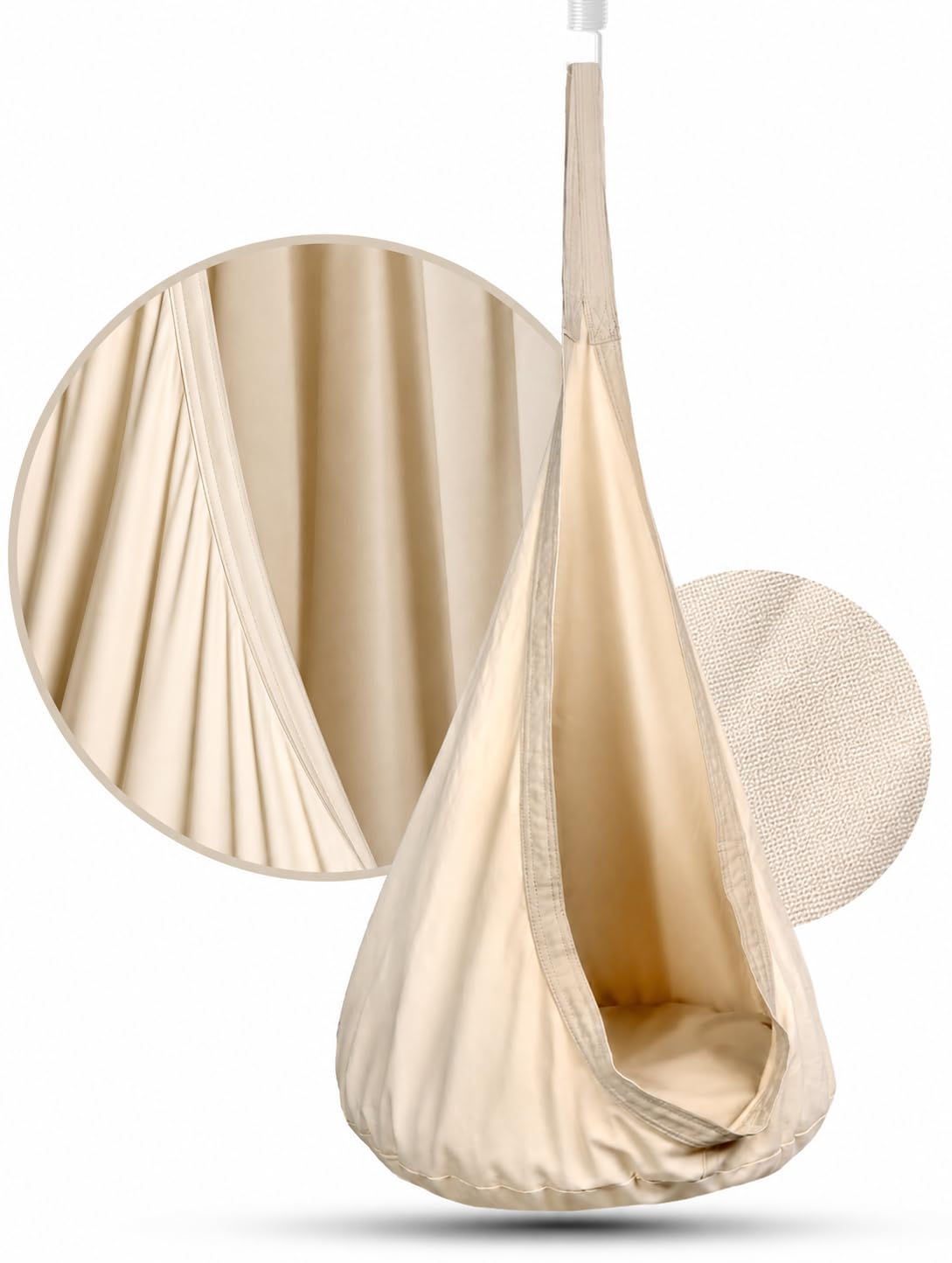 Hängesessel mit Kissen & Innentasche – Weicher textiler Rückzugsort aus 100% Baumwolle- Indoor & Outdoor - 70x150 cm (Beige)