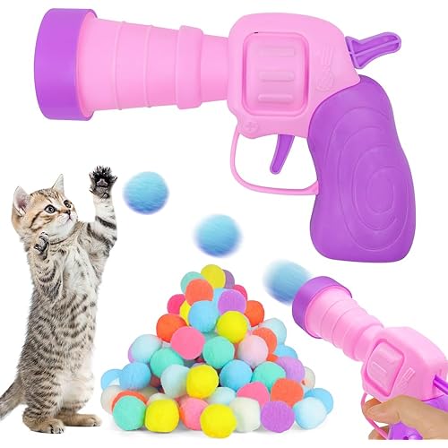 Cat Ball Launcher Toy Gun with 50 Pcs Pom Pom Balls, Cute Indoor Interactive Toys for Kitten Self Play, Ball Shooter for Training and Playing