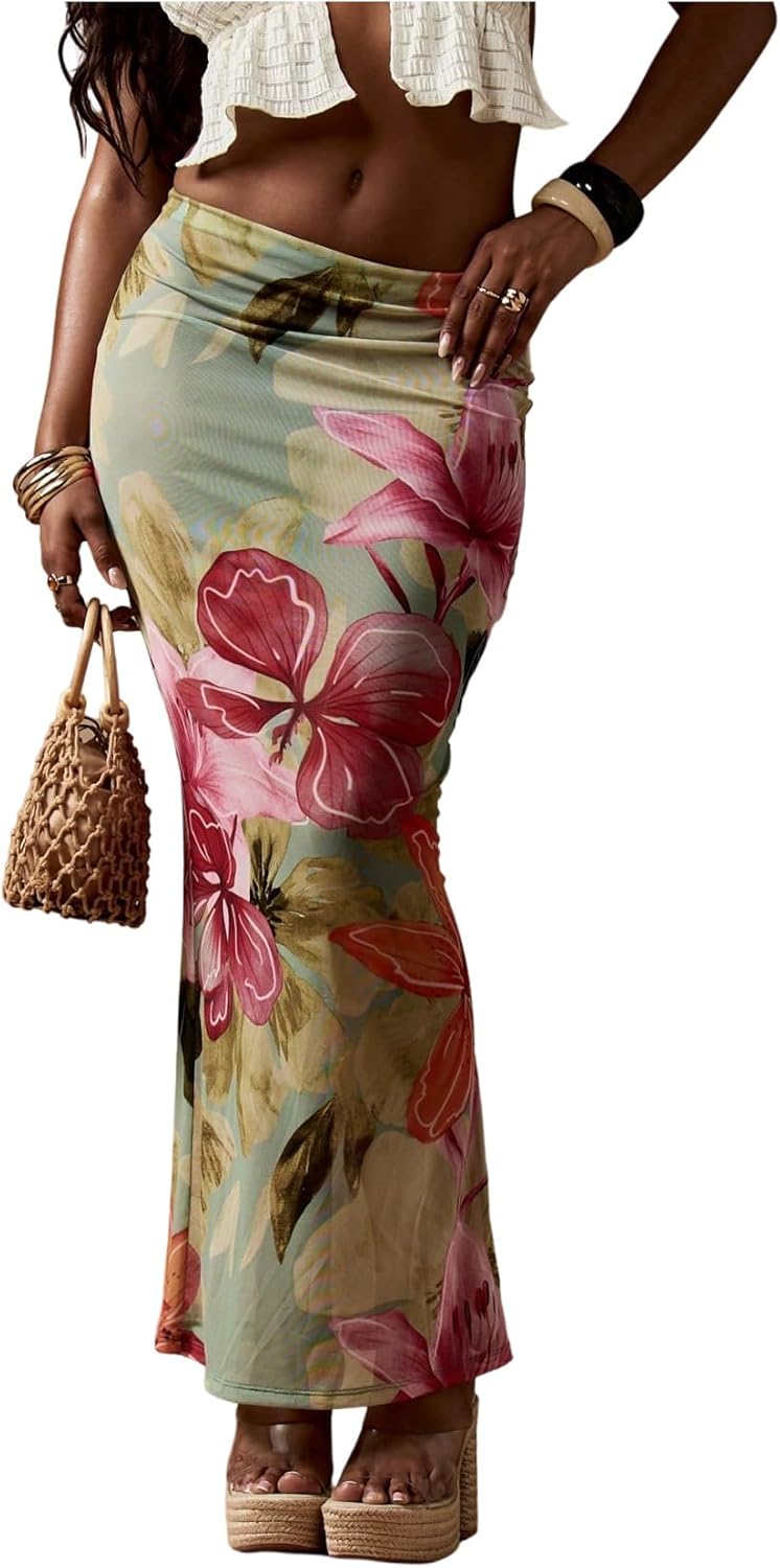 WDIRARA Women's Floral Maxi Beach Skirt Bodycon Long Cover Up Skirts Mesh See Through for Vacation