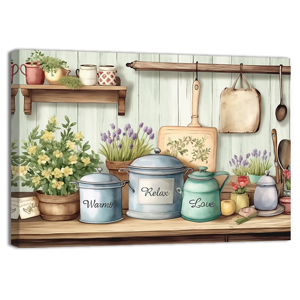 QIXIANG Kitchen Canvas Wall Art Rustic Kitchen Picture Wall Decor Farmhouse Tableware Paintings Prints Dining Restaurant Decor Framed(Kitchen,12.00" x
