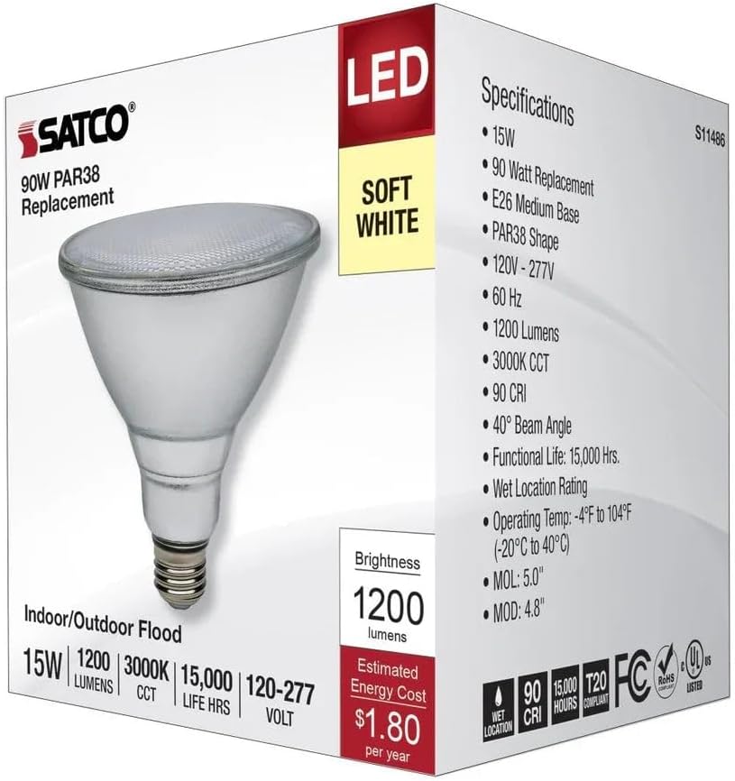 Satco S11486 15 Watt PAR38 LED; 3000K; Medium Base; 120-277 Volt; 90 CRI (6 Pack)