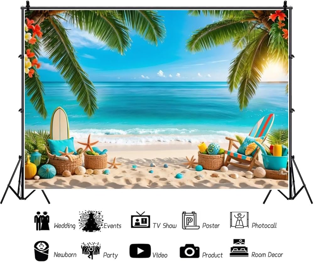 Summer Beach Backdrop 10x8ft Fabric Hawaii Luau Birthday Party Decorations Retirement Aloha Baby Shower Photos Background Tropical Graduation Prom Wedding Party Pictures Tiki Party Backdrops