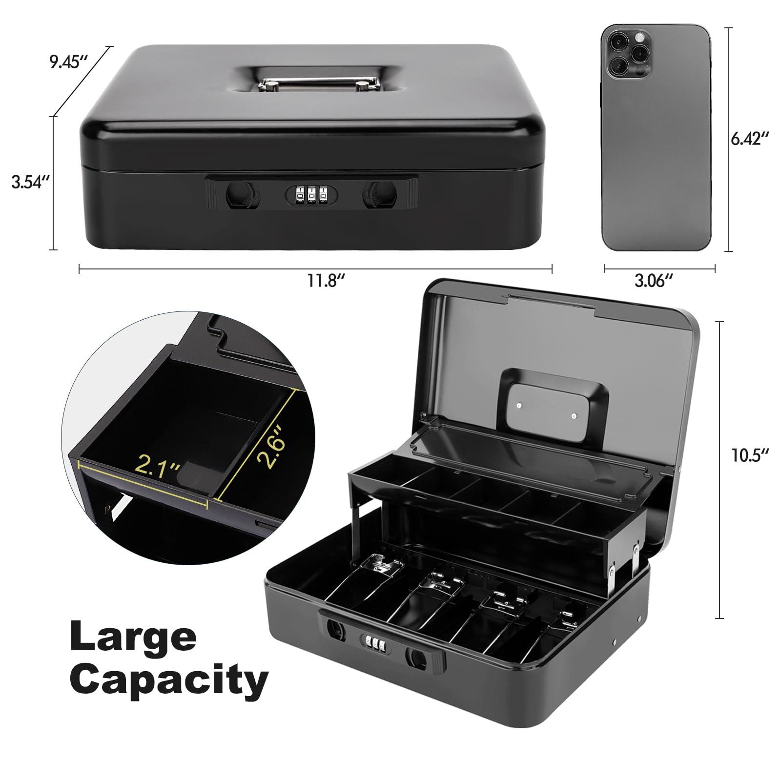 Caja de dinero con cerradura de combinación de cierre a presión y tapa deslizante para monedas, caja de dinero segura con bandeja para dinero y cerradura, caja de dinero segura duradera para