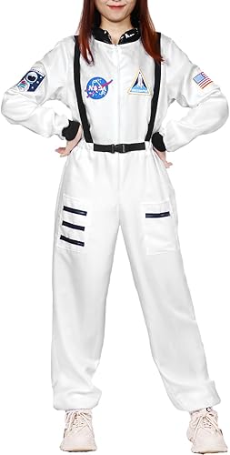 DreamJ Disfraz de astronauta para niños y mujeres, traje espacial para hombre, overol de vuelo espacial, disfraz de Halloween para adultos (mujeres,
