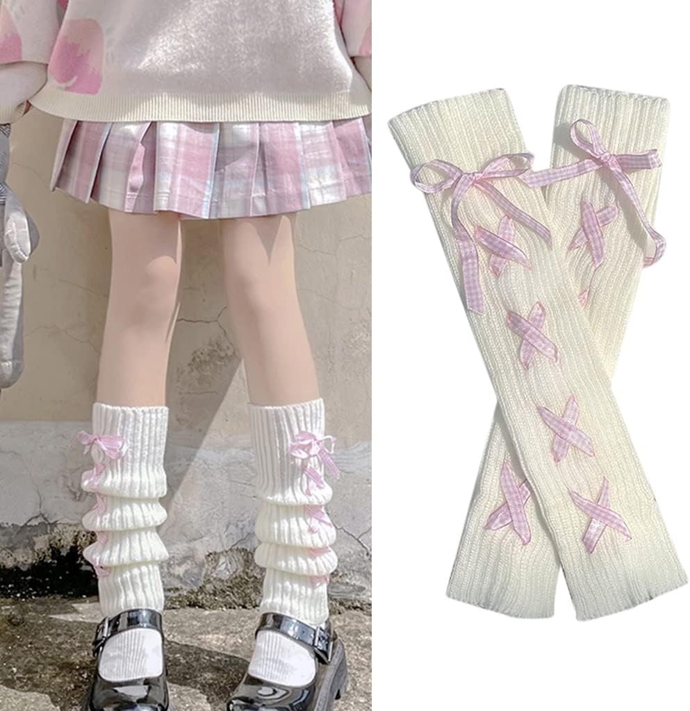 Women Ribbed Knit Leg Warmers Sweet Bowknot Boot Socks Foot