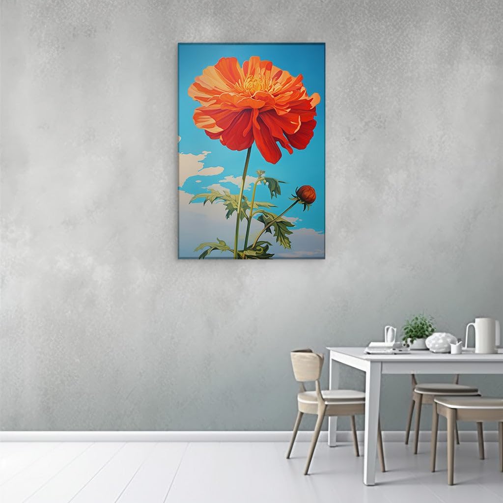 Art Wall: Vibrant Orange Flower Against Serene Blue Sky - a Celebration of Nature's Beauty. Interior Decor, Canvas Art Design, Arts Wall Decoration, Office Arts Design, Size: 69x46 cm (27x18 inch)