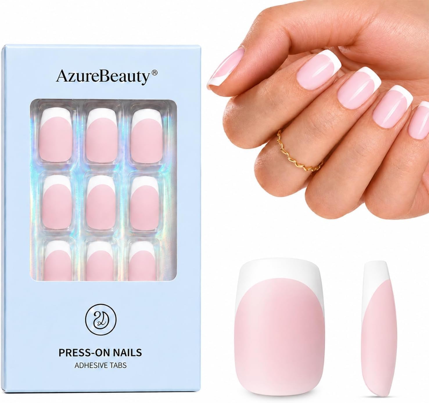 AzureBeauty Short Square Press On Nails, Matte Pink French Tip 32 Pcs
