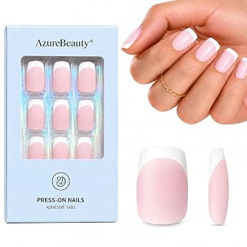 AzureBeauty Short Square Press On Nails, Matte Pink French Tip, 32 Pcs | Full Cover Fake Nails Kit Press Ons with Adhesive Tabs for Home Manicure, Women, Girls, Beginners, Summer, Weddings and Gifts