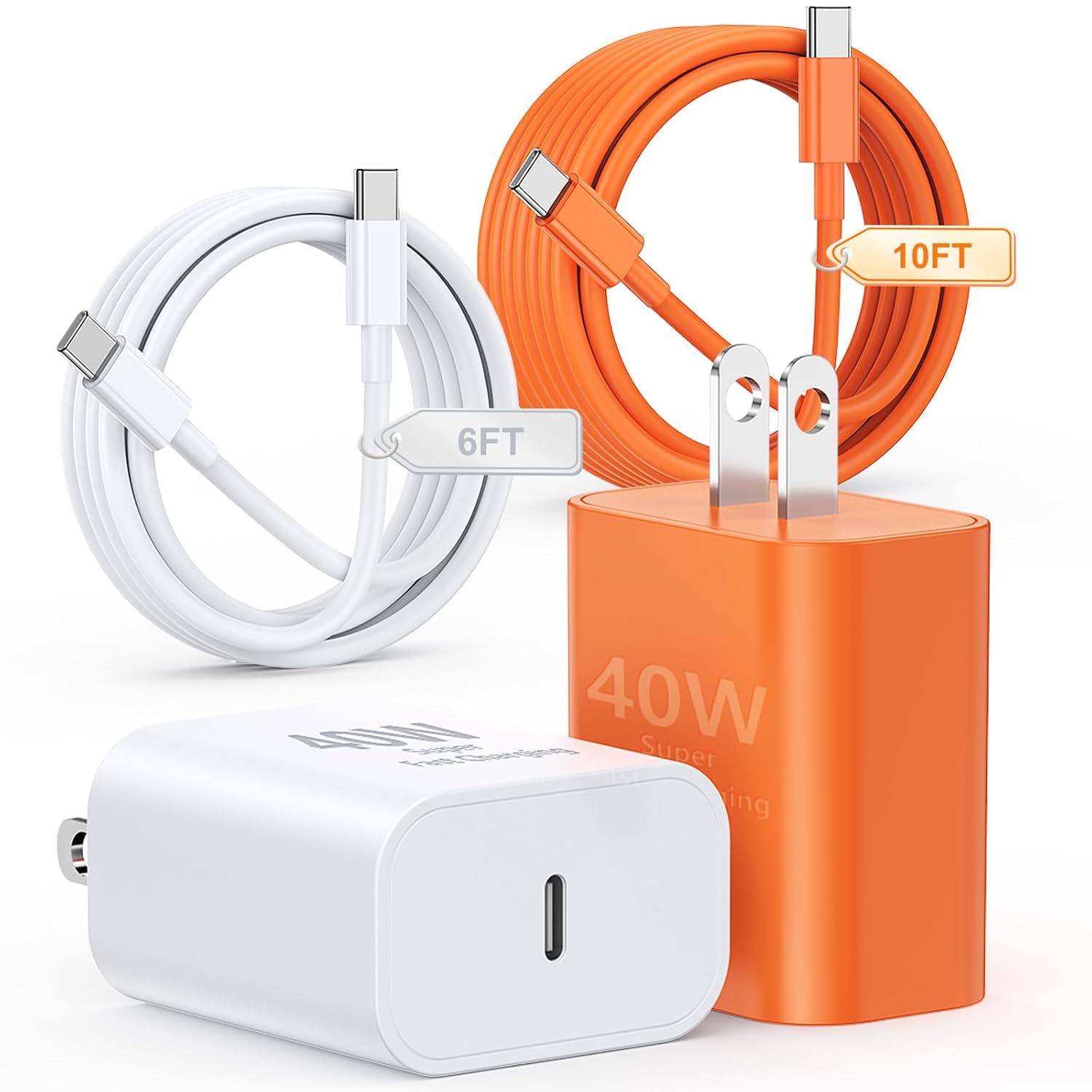 40W for iPhone 17 16 Pro Max Charger Fast Charging,2Pack USB C Fast Charger Block with Long 10FT+6FT C to Type C Cable for iPhone 17 Air/17E/17 16 15/16 15 Plus/17 16 15Pro/17 16 Pro Max(White+Orange)