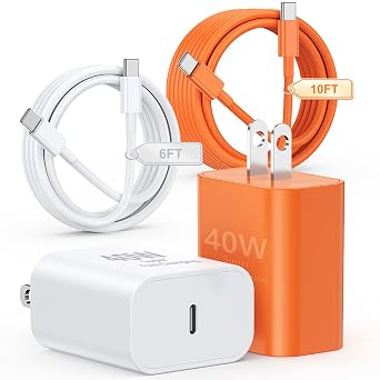 40W for iPhone 17 16 Pro Max Charger Fast Charging,2Pack USB C Fast Charger Block with Long 10FT+6FT C to Type C Cable for iPhone 17 Air/17E/17 16 15/16 15 Plus/17 16 15Pro/17 16 Pro MaxWhite+Orange