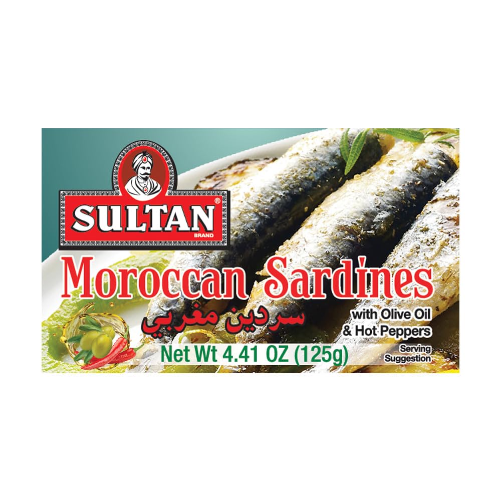 Sultan Moroccan Sardines in Olive Oil & Hot Peppers, 100% All-Natural, High Protein, No Additives, No Preservatives, Paleo, Carnivore, Keto Friendly, Zero Carb, Sealed Freshness 4.37oz (Pack of 10)