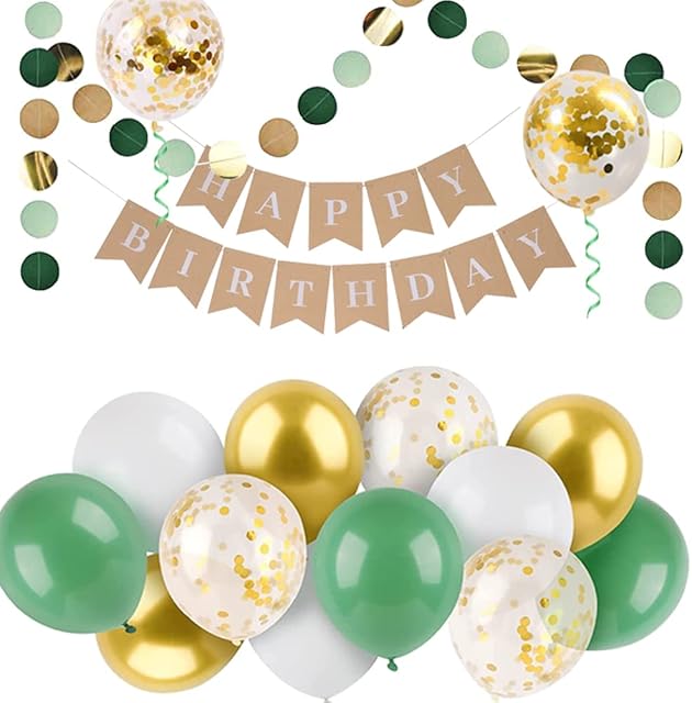 Happy Birthday Banner,Birthday Banner Bunting,Happy Birthday Decoration Supplies,14 Pcs Latex Balloons with Green Dots Paper Garland for Indoor and outdoor Birthday Parties