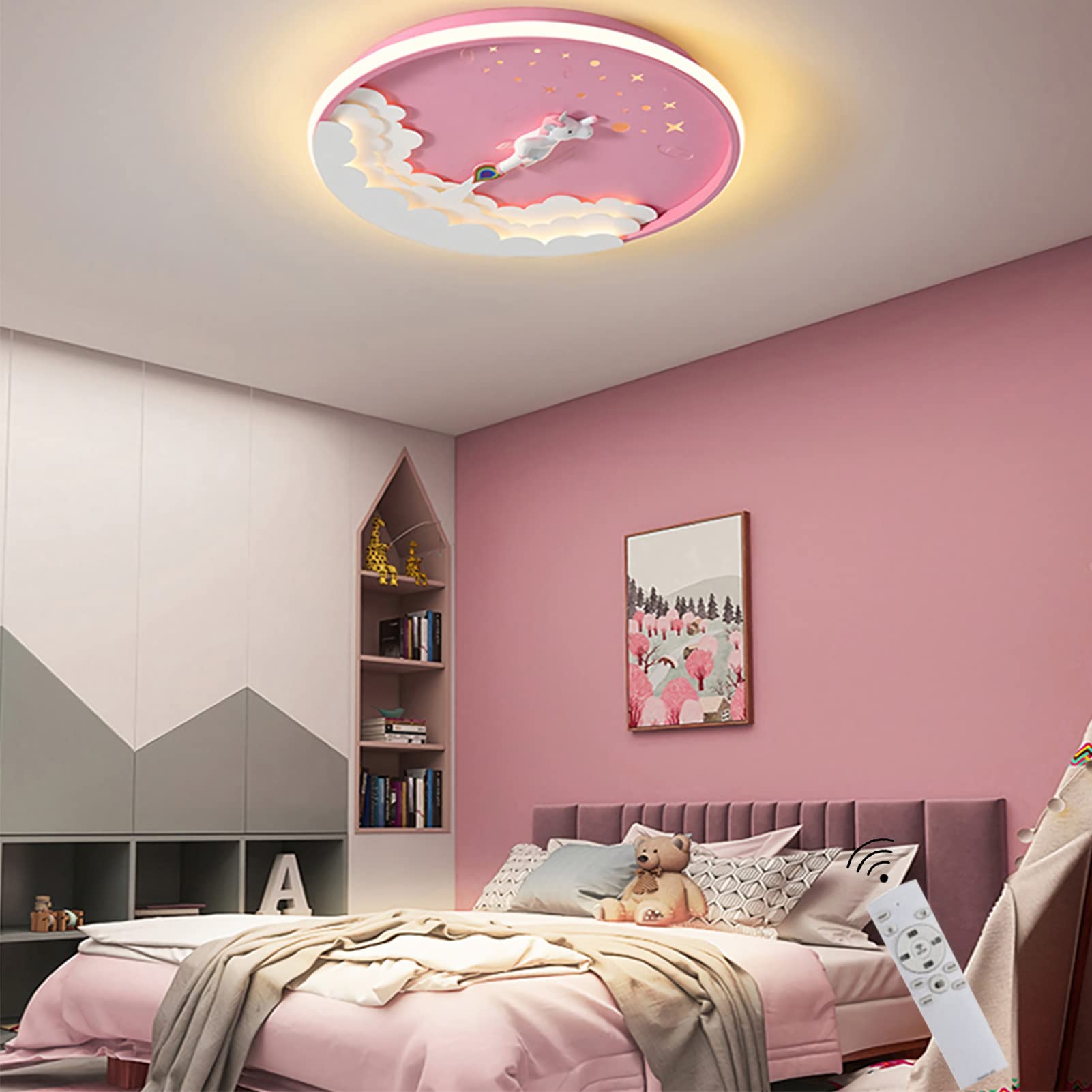 LED Ceiling Lamp Children's Room Girl/Boy, Dimmable with Remote Control, Cartoon Style Ceiling Lamp, Night Light Mode, Round Children's Room Lamp, 72W 3000K-6000K 3800 LM, 50 CM,Pink