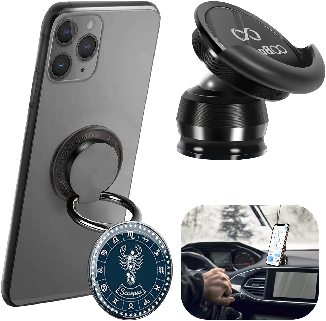 Custom Finger Ring Holder for Phone with Car Mount, Cellphone Stand for Phone Ipad Smartphones Tablets, Cell Phone Back Grip Foldable & 360° Rotation (Custom with Phone Car Mount)