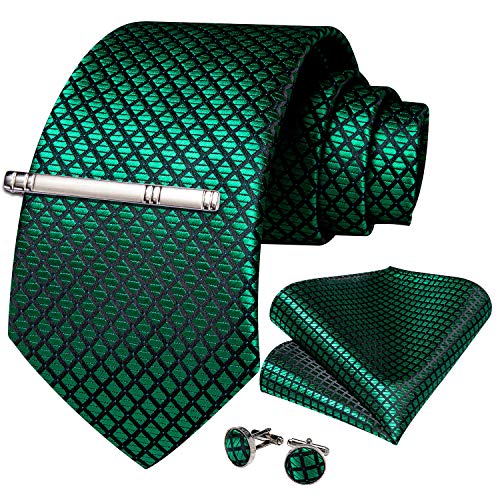 Image of DiBanGu Plaid Ties for Men Silk Checkered Necktie and Pocket Square Cufflinks Tie Clip Set with Gift Box for Wedding Business