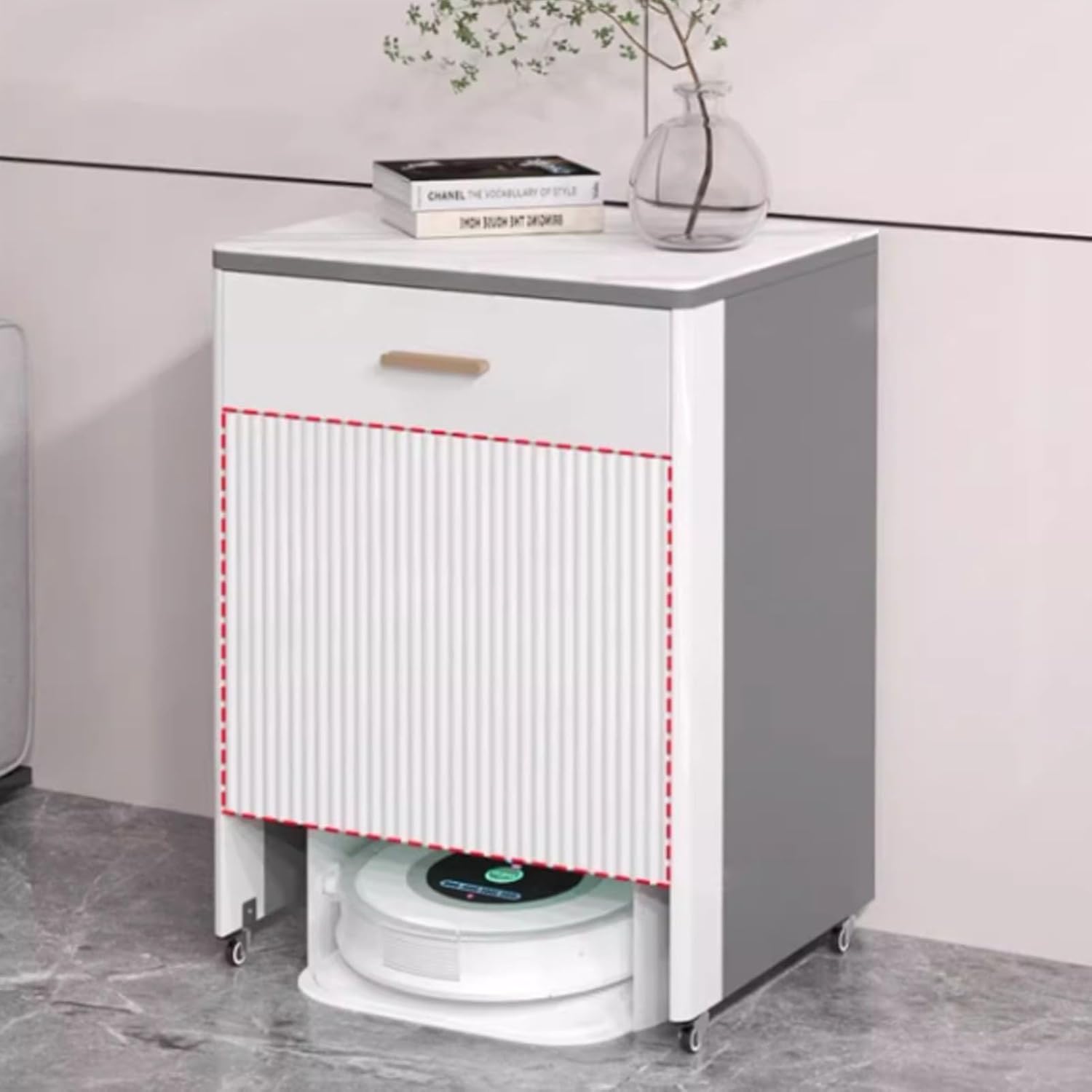 JKGHK Vacuum Stand Cabinet, Sweeping Robot Storage Rack with Wheels, Robot Vacuum Hidden Storage Cabinet, Multi Tier End Cabinet with Storage for Living Room Kitchen(Black)