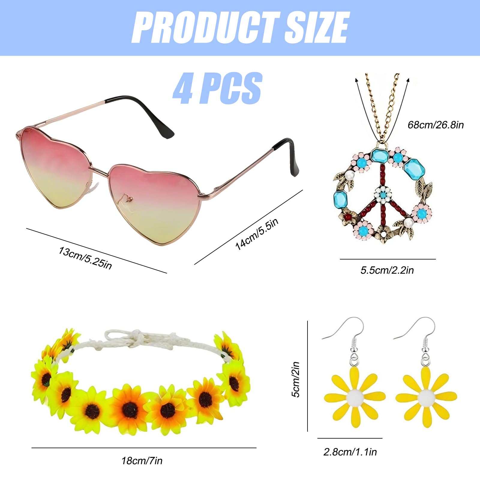 4 Pcs 60s 70s Hippie Women Accessories Set Fancy Dress for Women Including Vintage Hippie Glasses Daisy Headband Peace Sign Necklace Earrings Party Supplies for Groovy Cosplay Party Halloween (Yellow) - Image 2