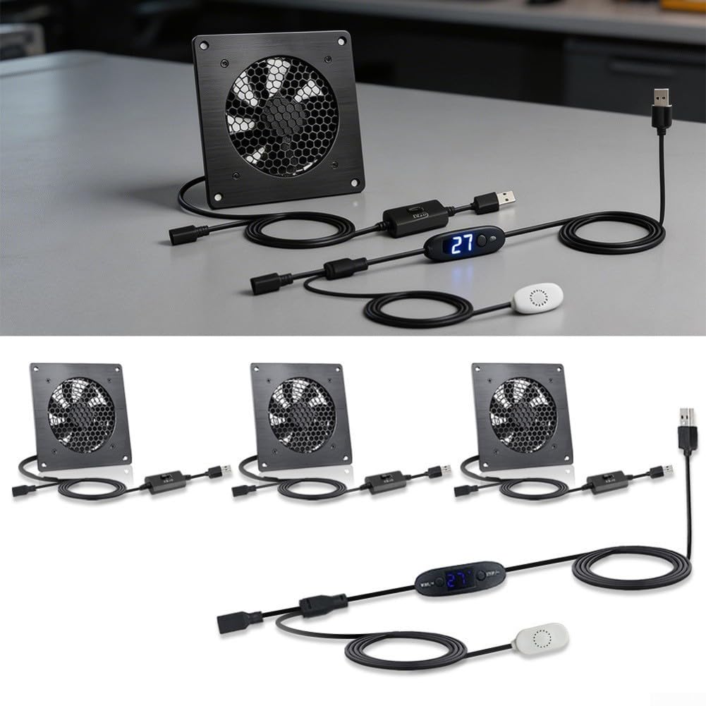 Ventola di raffreddamento USB a temperatura controllata, termostato regolabile da 0 a 60 °C, doppio cuscinetto a sfera ultra silenzioso, telaio in lega di alluminio per armadio AV, scaffale