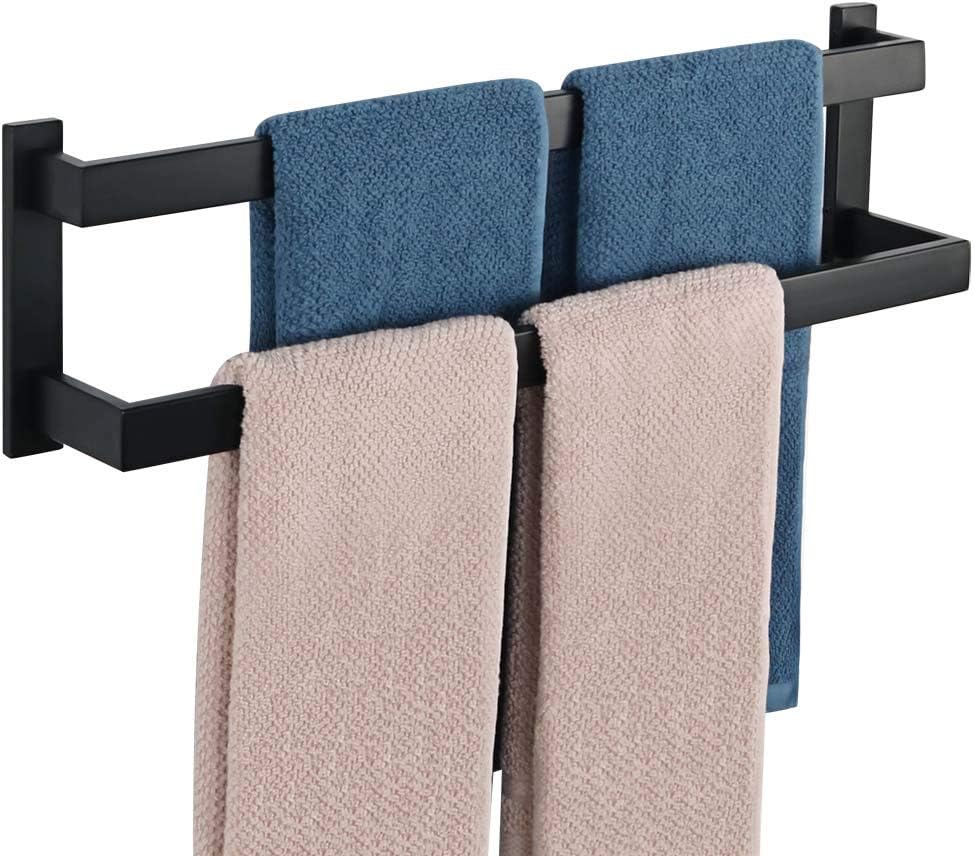 Sayayo Black Towel Rail Wall Mounted 58CM Double Bath Towel Holder for Bathroom Kitchen, 2-Tier Towels Rack SUS304 Stainless Steel, EGOY002-B