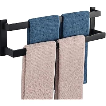 SAYAYO Towel Rail Black Towel Rail Multilayer Guest Towel Holder Wall Mounted Stainless Steel Double Bath Towel Holder for Bathroom and Kitchen 60 cm