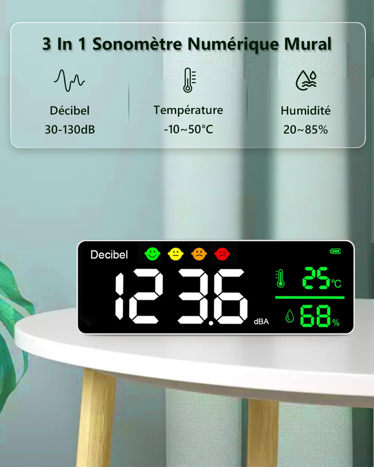 Sonomètre Numérique, 3In1 Décibelmètre 30-130dB (±1,5dB), Wall Mount Sound Level Meter avec Température & Humidité, Grand écran LED 11", Mesure du Bruit pour Maison