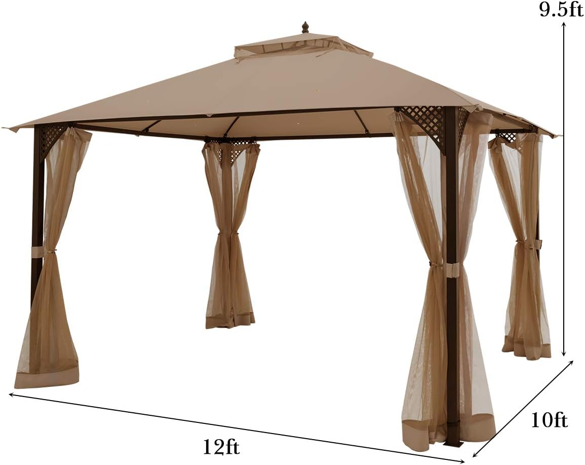 Tangkula 10x12 Ft Patio Gazebo with Netting, Outdoor Gazebo with Double Vented Roof, Mesh Sidewalls, Top Hook, Heavy Duty Steel Gazebo for Garden, Lawn, Deck, Backyard (Brown)