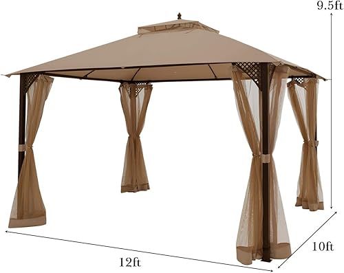 Miniatura 5 de Tangkula Gazebo de patio de 10 x 12 pies con red, cenador para exteriores con techo doble ventilado, paredes laterales de malla, gancho superior,