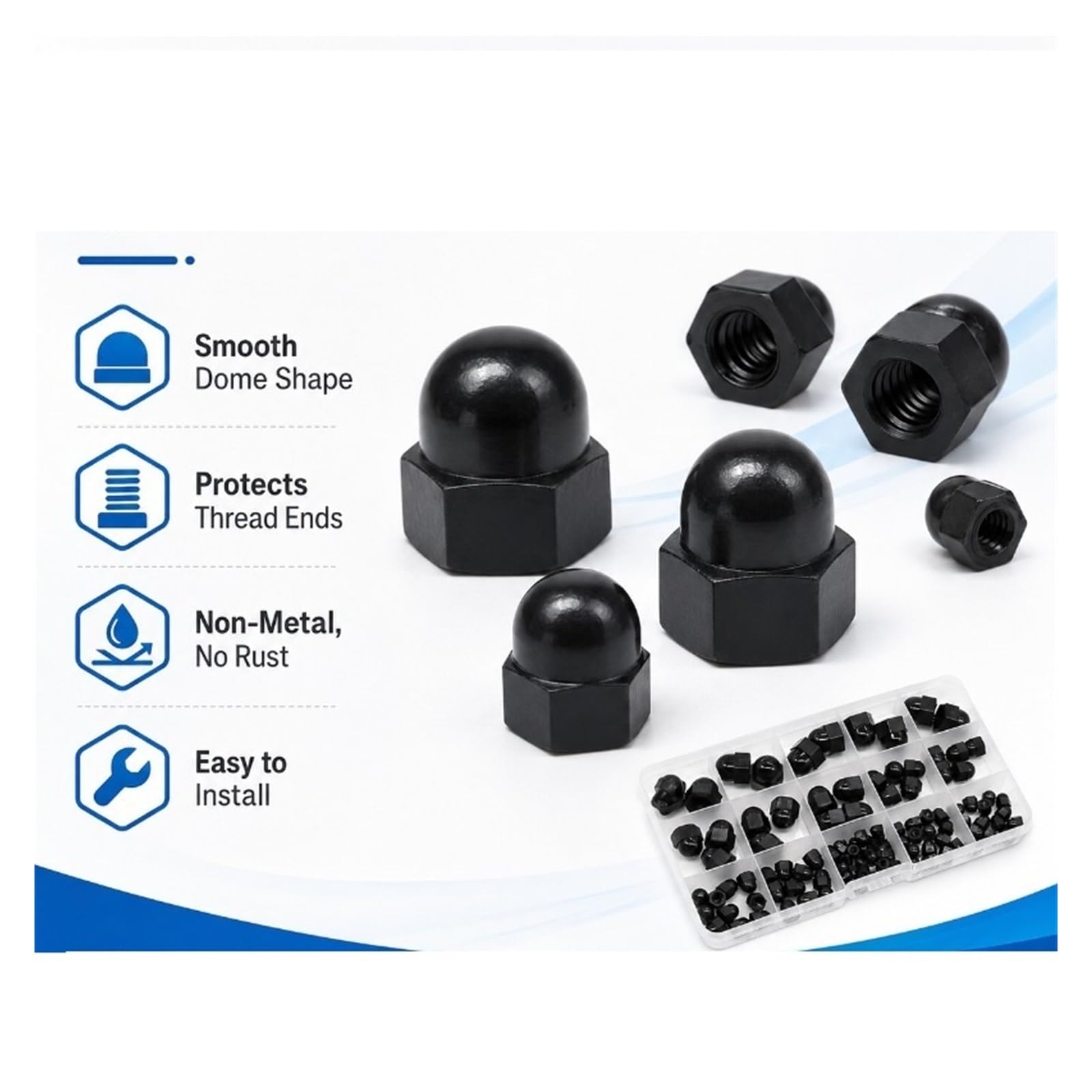 Sechskant Hutmutter Edelstahl Schwarze Nylon-Hutmutter | Sortiment M3-M10 Kuppel-Sechskantmuttern-Set, Box for Bolzen, Schrauben, DIY-Reparatur