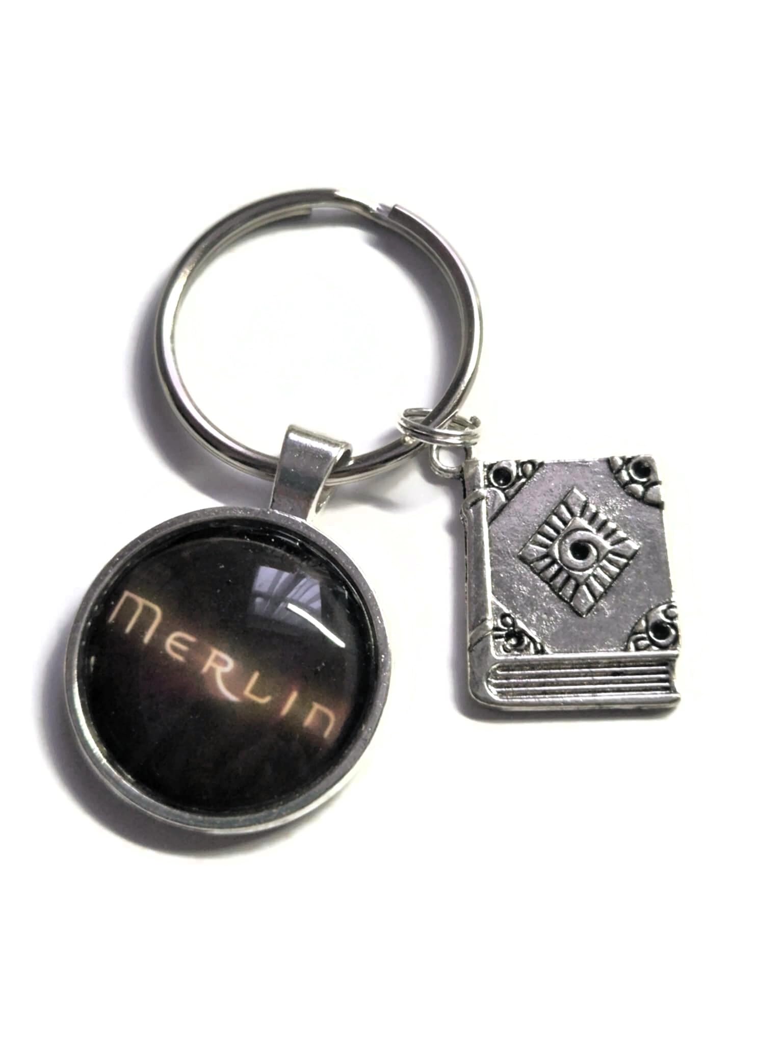 Merlin King Arthur Themed 25mm Handmade Glass Keyring Gift, Wizard Fantasy Cornwall Book Lover Present
