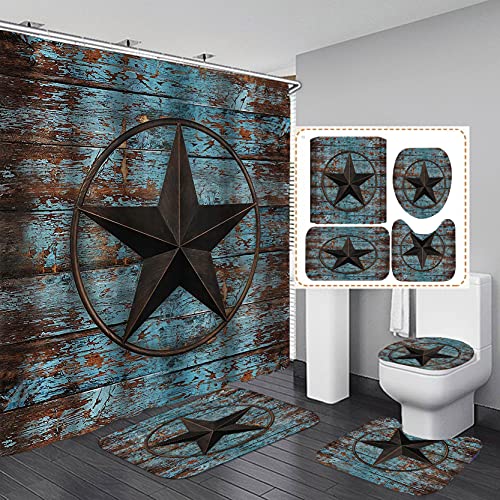 Camille&Andrew 4Pcs/Set Western Texas Star Fabric Shower Curtain, Vintage Brown Blue Shabby Wood Rustic Plank Board Rural Country Farmhouse Bathroom Decor, Non-Slip Bath Rugs Toilet Mats Carpets, Blue #TOP6