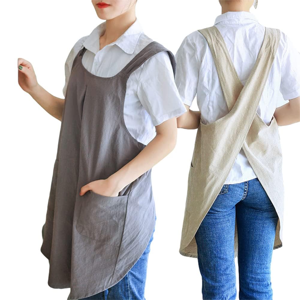 Garvee Delantal Japonés De Algodón y Lino Para Mujer – Tirantes Cruzados Desmontables, 2 Bolsillos Amplios, Ideal Para Cocina, Hornear, Barbacoa y Jardinería