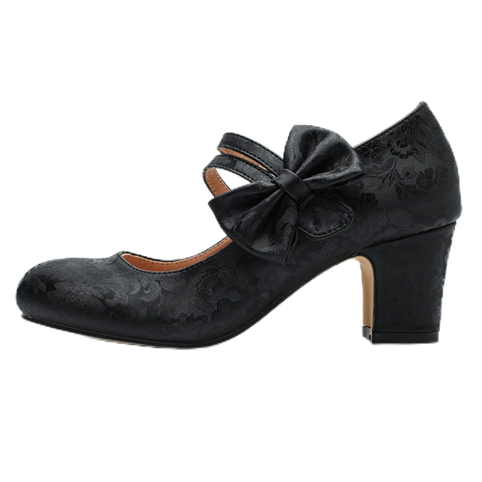 Mary Jane Escarpins Chaussures de mariage rétro pour femme Talons Bowknot Chaussures à talons pour fête de la bière Dirndl Chaussures de travail élégantes Sangle de cheville Chaussures de danse Talon