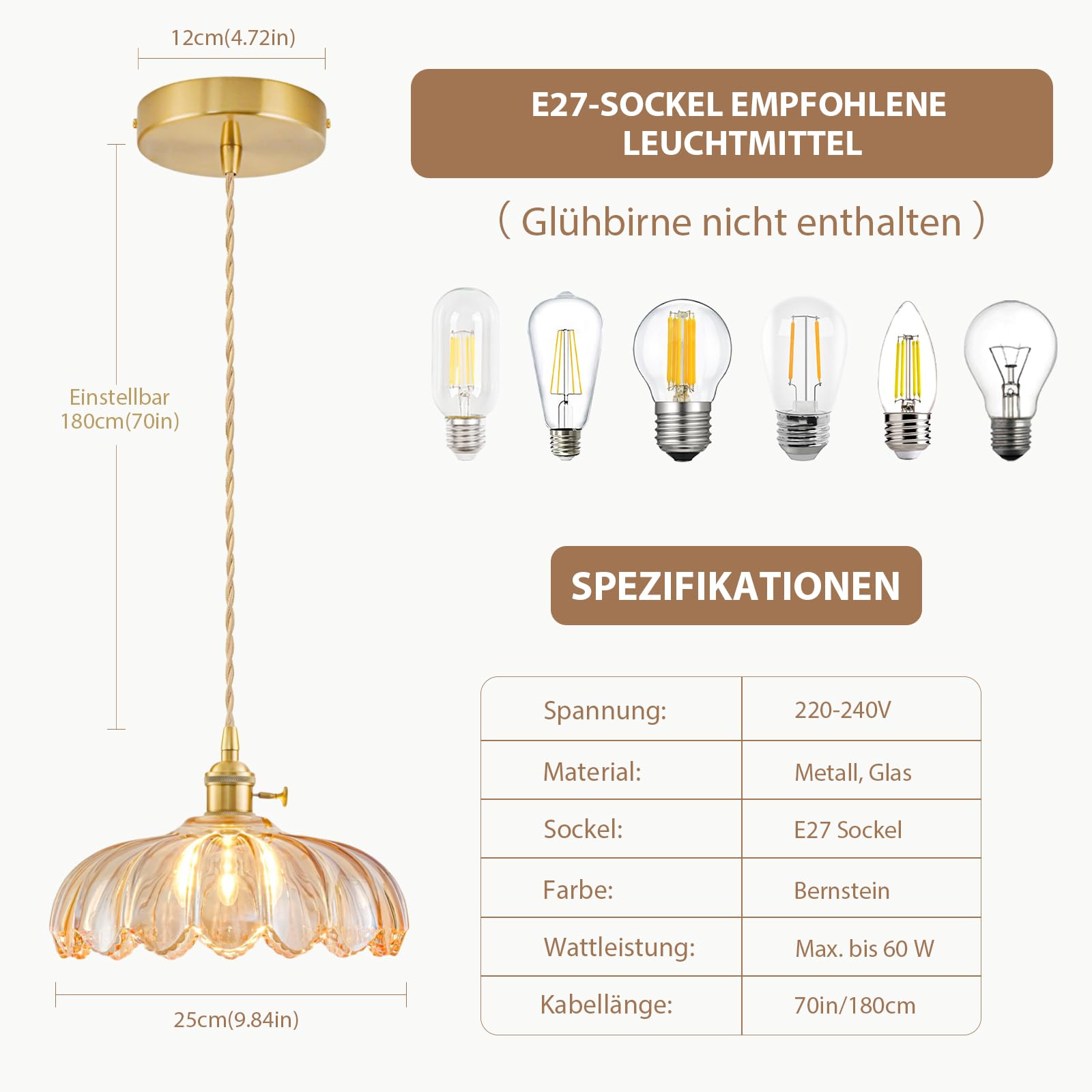 Glas-Hängelampe-Kücheninsel, Vintage-Hängeleuchte-Leuchte aus Messing, Verstellbare Bernsteinfarbene Küchen-Pendelleuchte-Deckenleuchte, Hängelampe Wohnzimmer, Leuchtmittel Nicht Enthalten