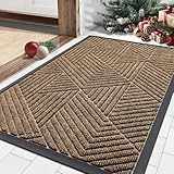 Smiry Front Door Mat Outside Entrance, Heavy Duty Sturdy Natural Rubber Doormat, Trap Dirt and Moisture, Easy Clean Low Profile Mats for Indoor Outdoor Entry, Irregular Triangle (29.5x17, Brown)