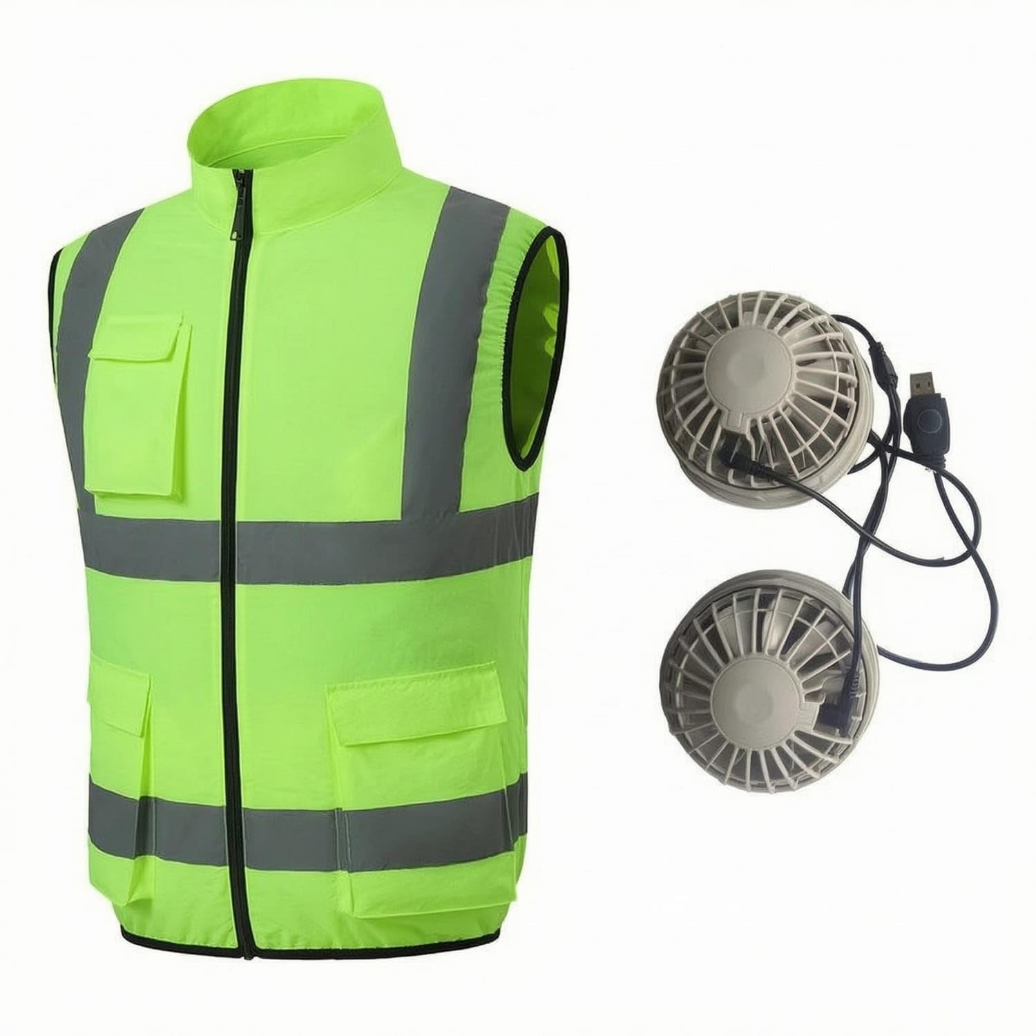 Reflective Fan Cooling Vest Stand Collar Sleeveless Cooling Vest Contrast Trim Workwear Apparel Fitted, L, Fluor Green-w Fan-image-19