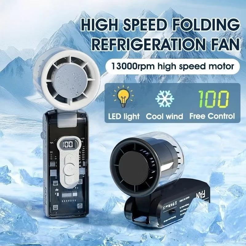 Image of Handheld Fan With Instant Cooling Plate & Led Light, Portable Handheld Turbo Fan with Ice Cooling, Speed Control, Rechargeable, Foldable with Lanyard for Travel, Office, Home, Outdoor