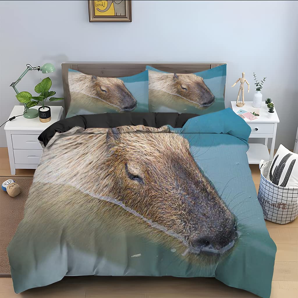 Housse de Couette 160x200 Capibara avec Fermeture Éclair Parure de Lit Bleu Microfibre Facile à Laver