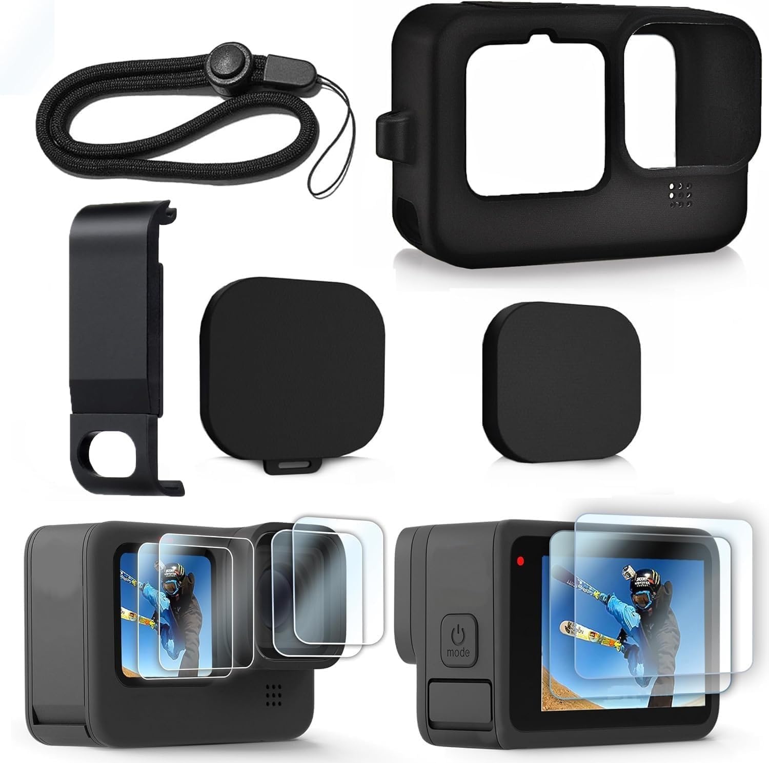 Action Pro Accessories Kit Black (Silicone Case, Battery Side Cover, Screen Protector, Lanyard) Compatlble with GoPro-12/11/10/9 Action Camera-image-1