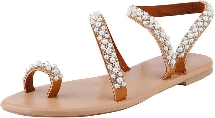 Hbeylia Boho Flat Sandals for Women,Rhinestones Pearl Design Toe Ring Jeweled Sandals Slip On Casual Beach Shoes for Wedding Bride Bridesmaid Ladies