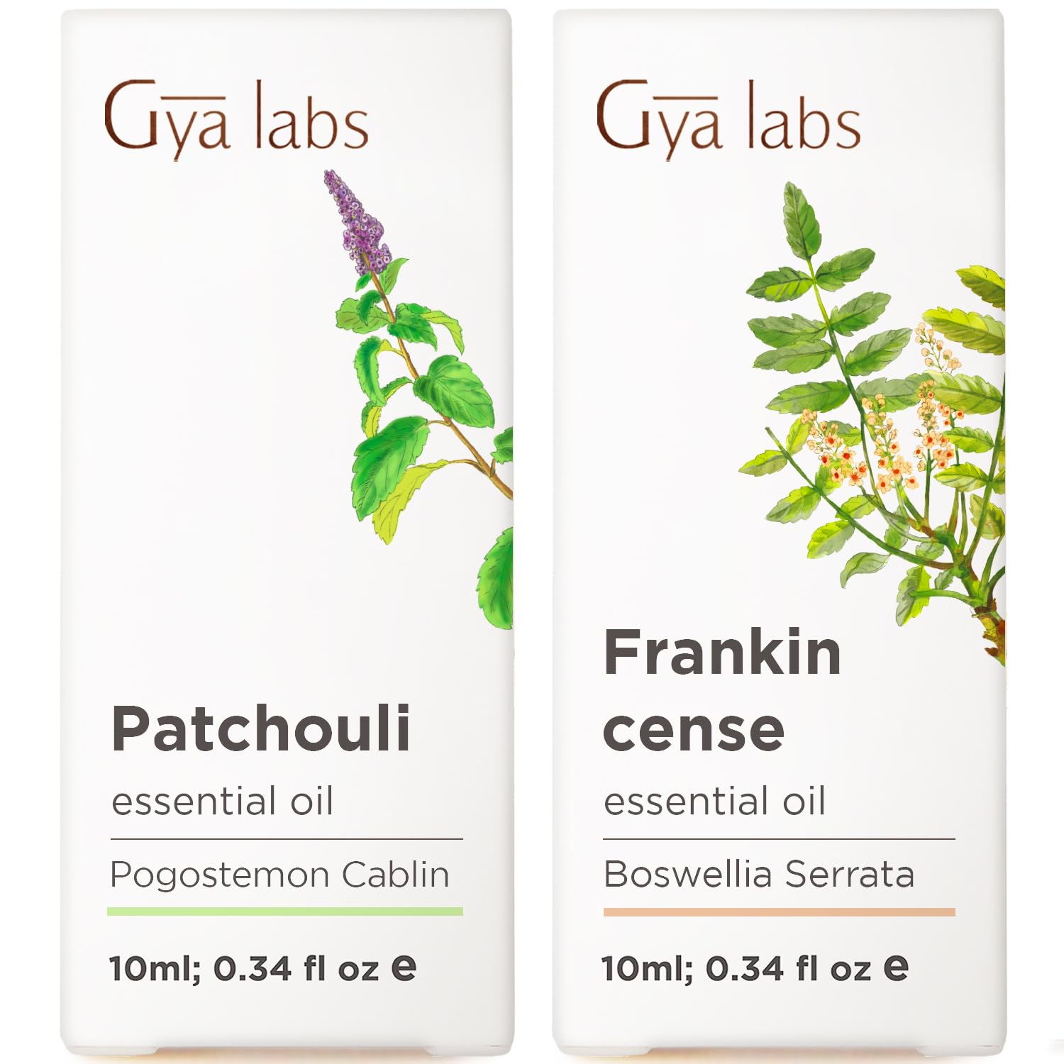 Patchouli Oil for Diffuser & Frankincense Oil for Face Set - Aromatherapy Grade Essential Oils Set - 2X 0.34 Fl Oz - Gya Labs