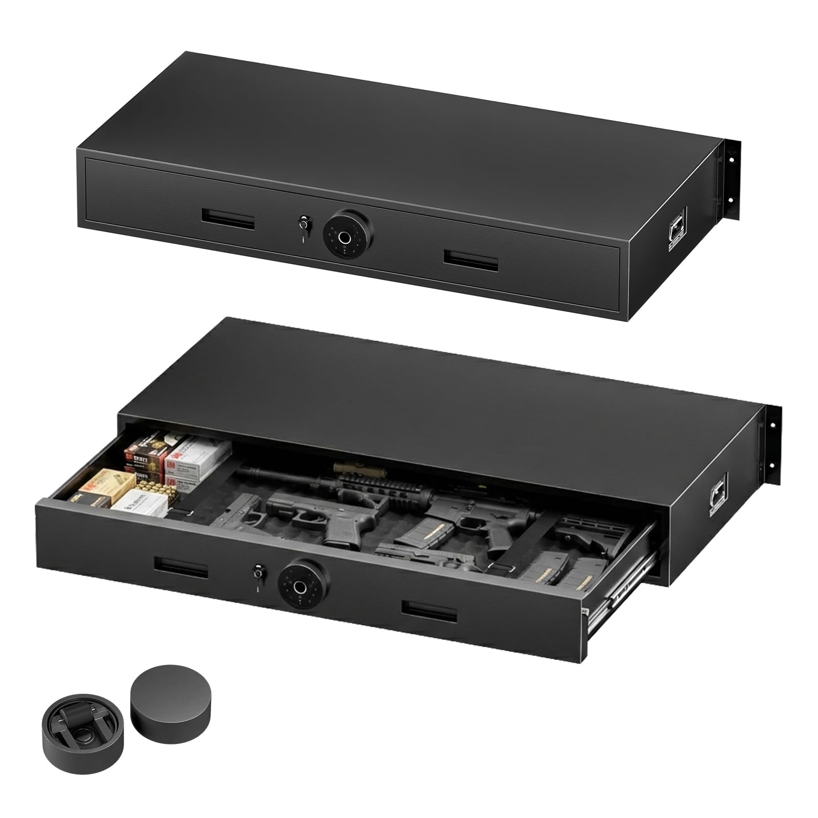 DINWROK Gun Safe for under Bed - 360° Swivel Wheel, Quick Access, Under Bed Safe Drawer for Pistols, Rifles, Ammo & Jewelry, Mute Function, Easy Installation, for Home Bedroom Closet Truck