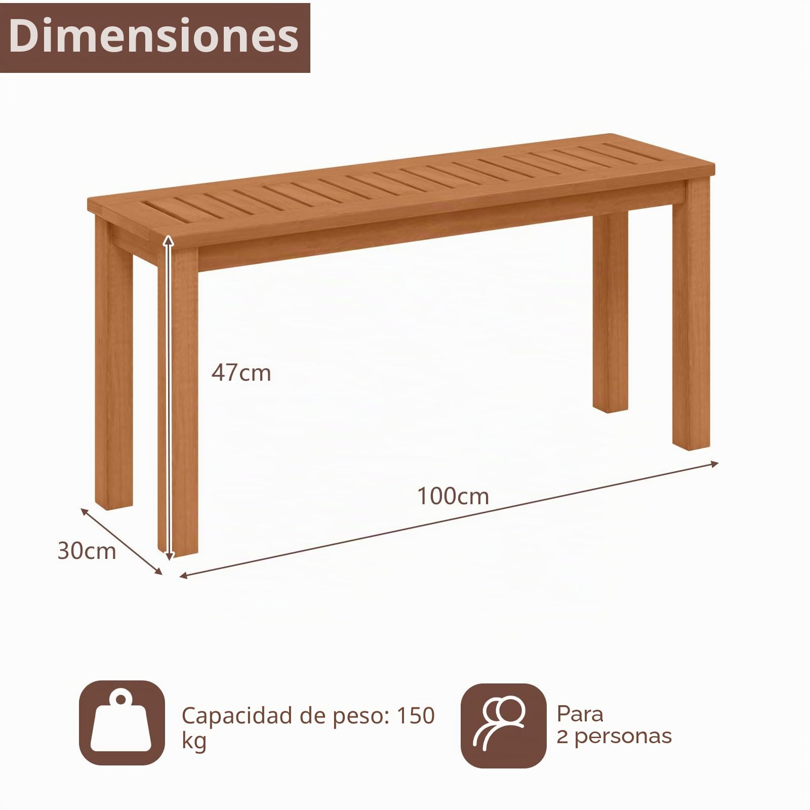 KOMFOTTEU Banco de Jardín de Madera para 2 Personas, 100 x 31 x 47 cm | Banco para Exterior, Asiento de Listones con Acabado de Aceite de Teca, para Patio, Porche
