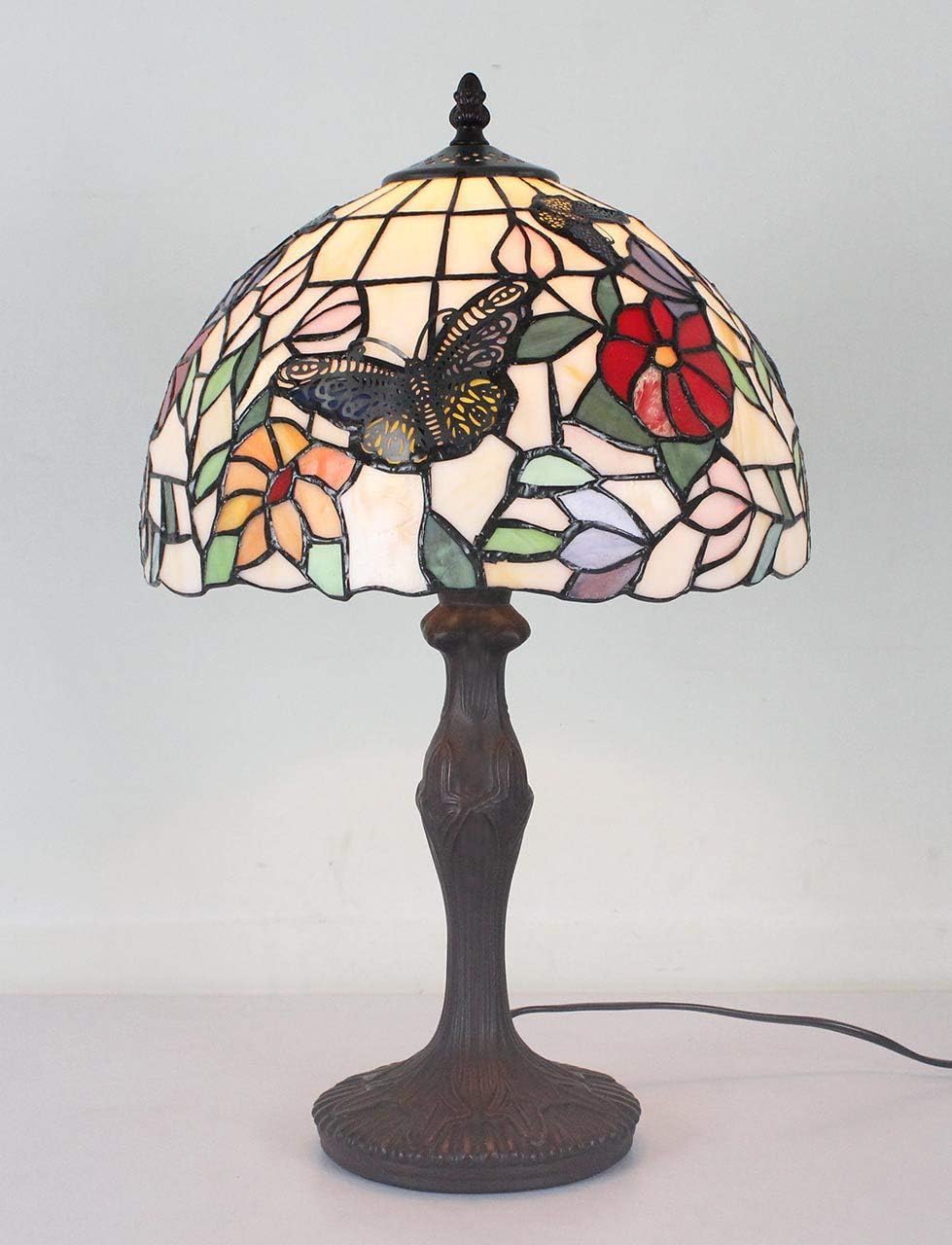 Bieye L11407 Butterfly Tiffany Style Stained Glass Table Lamp Night Light with 12 inch Wide Handmade Lampshade for Coffee Table Bedside Bedroom Living Room, 18 inch Tall