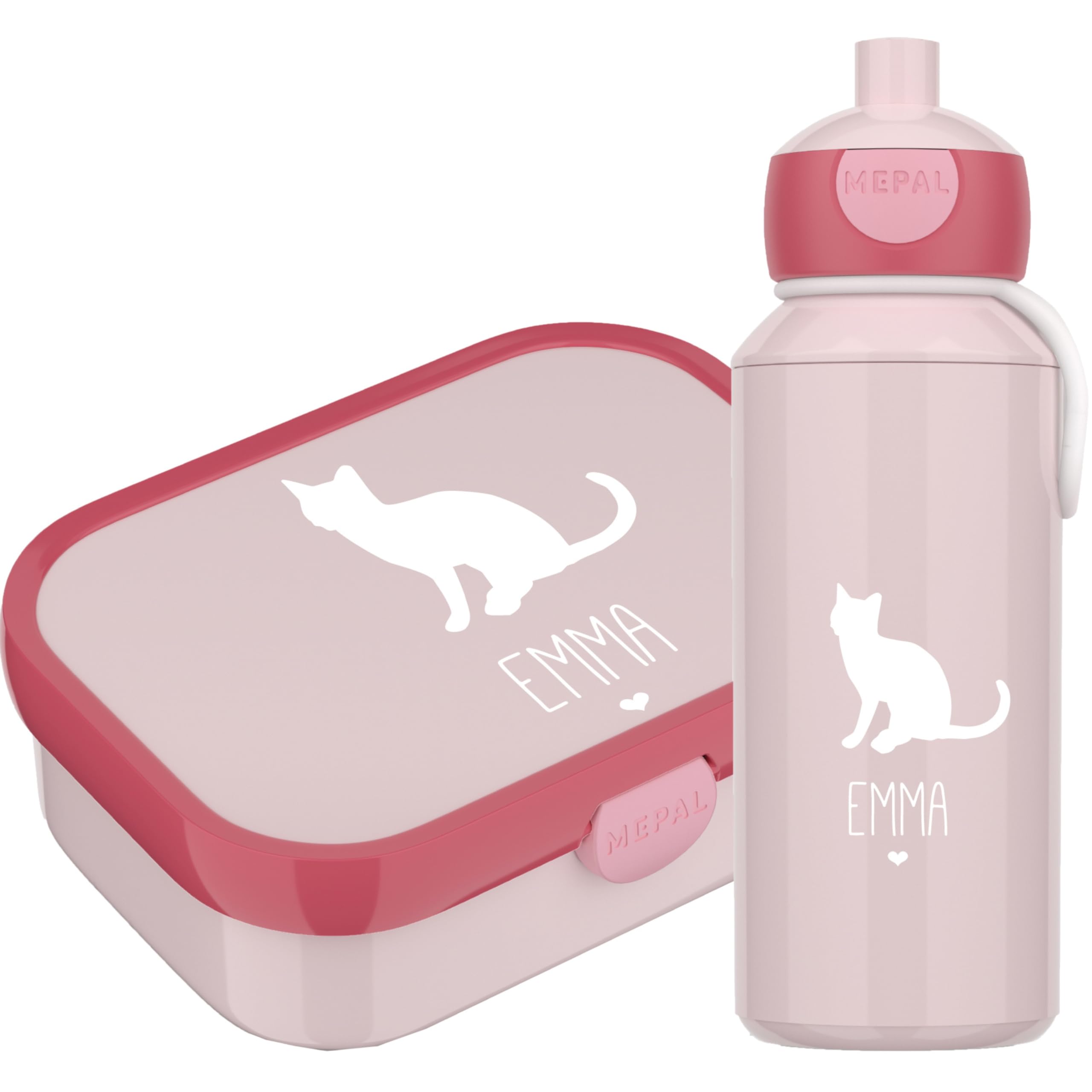 4ou Design Mepal Set Brotdose & Trinkflasche personalisiert mit Namen – Silhouette Katze – Auslaufsicher, Bento Einsatz rausnehmbar, inkl. Snackgabel – BPA frei – Geschenk für Kinder (Cool Pink)