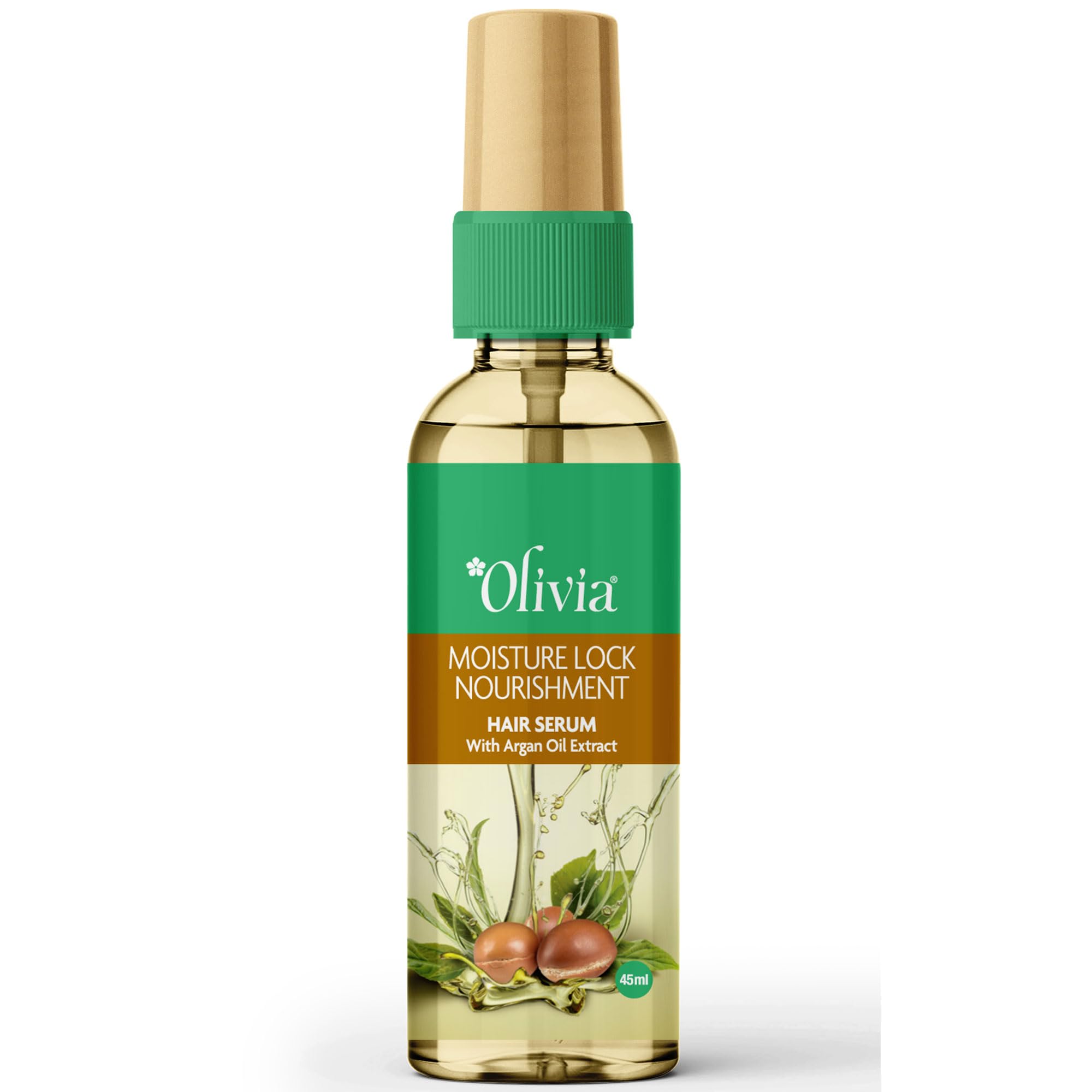 Olivia Moisture Lock Nourishment Hair Serum with Argan Oil, Vitamin E & Olive Oil | Frizz-Free, Smooth & Glossy Hair | Lightweight, Non-Sticky Formula | Protects from Heat, Sun, Dust & Pollution |45ml